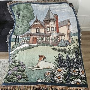 Vintage victorian house with dog woven throw blanket/tapestry